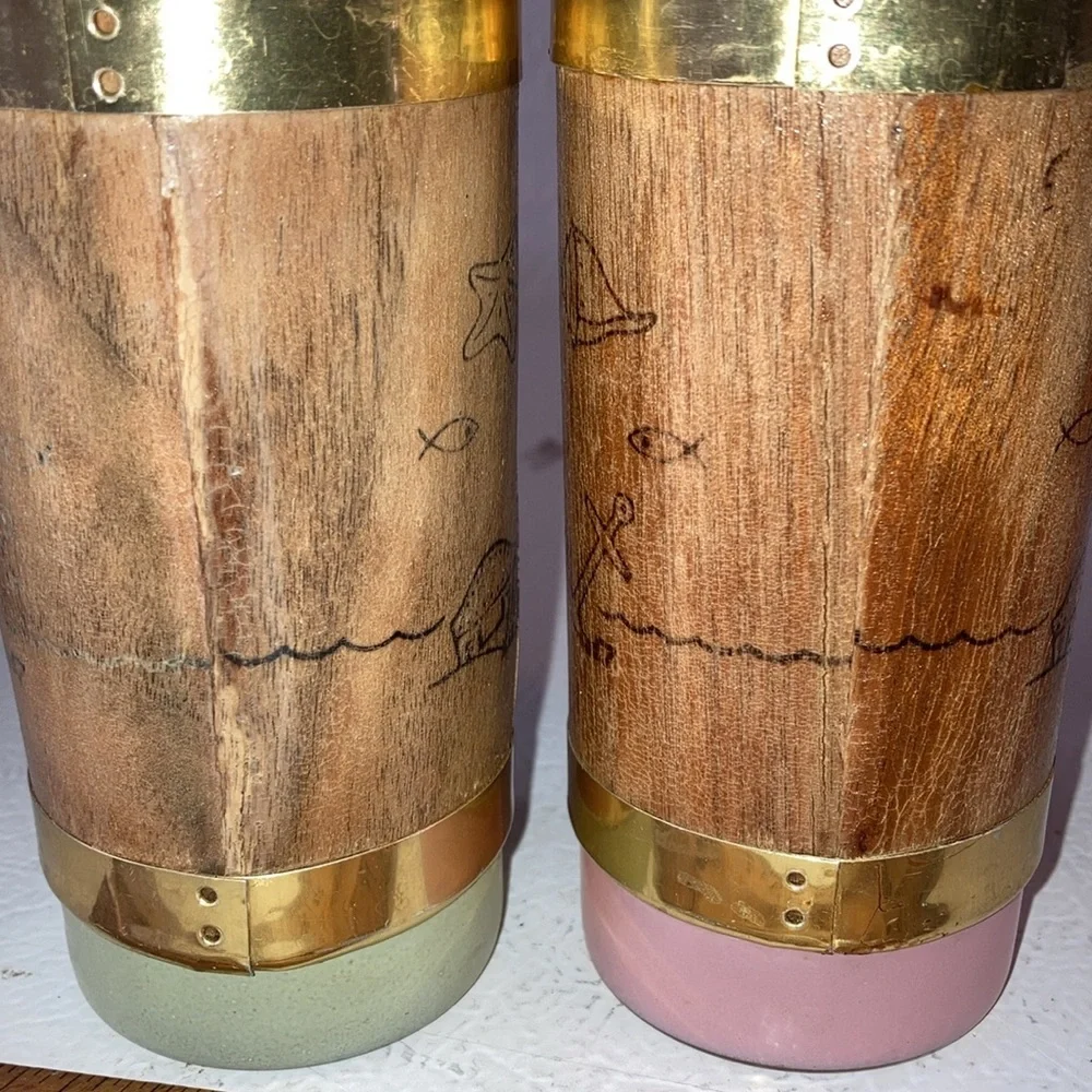 Libbey Palm Royale Tall MCM Frosted Glasses W/ Wood Tiki Bands Gold Pink Green